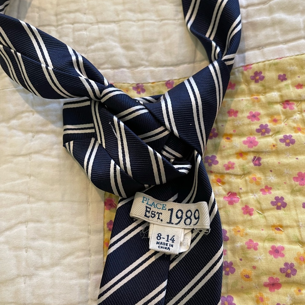 Boys navy blue and white striped tie from The Childress Place. Size 8-14
